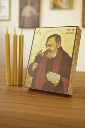 Kit mini ícone Padre Pio + 3 Velas de oração - Via Crucis