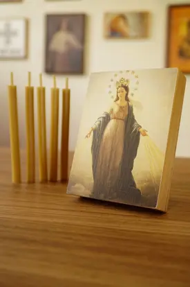 Kit mini ícone Virgem Maria + 5 Velas de oração - Via Crucis